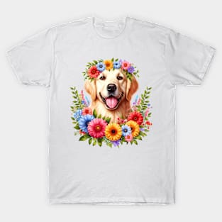 A golden retriever with beautiful colorful flowers T-Shirt